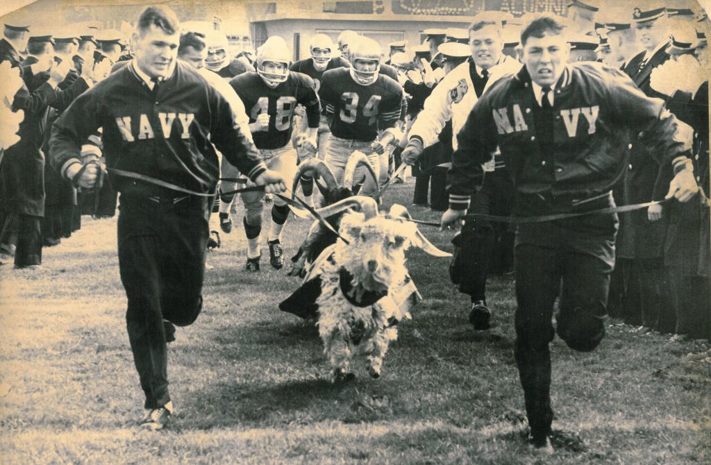 US Navy's mascot, Bill the Goat, opening the football ceremonies in 1970.